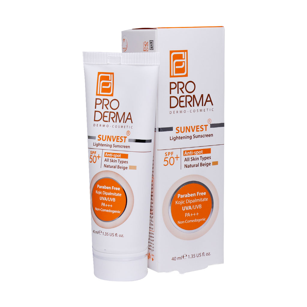 ضد آفتاب و روشن کننده لک پوست SPF50 بژ طبیعی پرودرما Pro Derma Sunvest Lightening Sunscreen Cream SPF50 مدل 1