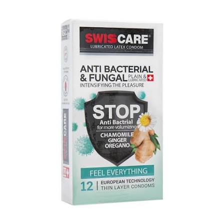 کاندوم ضد قارچ سوئیس کر مدل Anti Bacterial آنتی باکتریال بسته 12 عددی