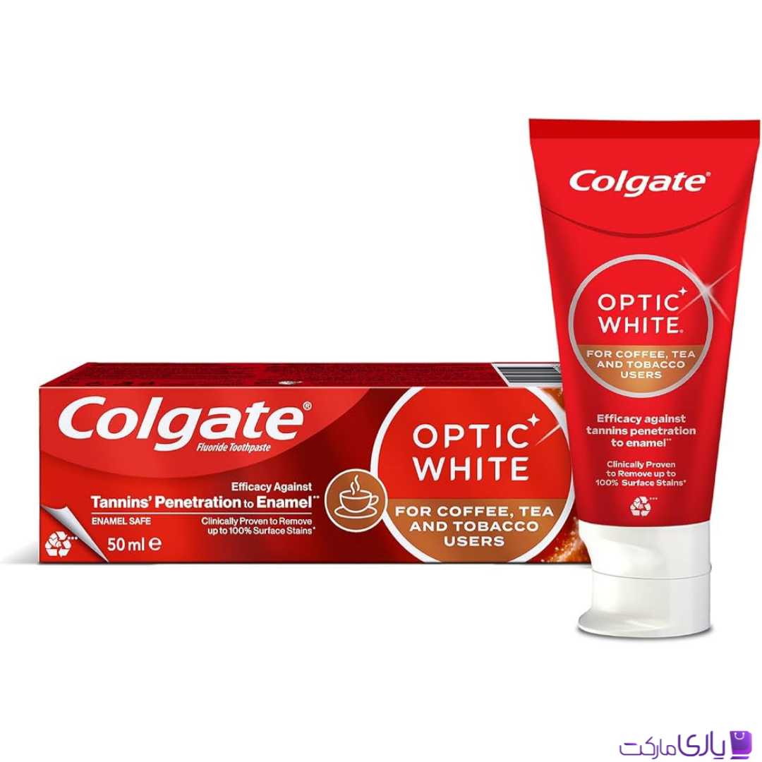 خمیردندان سفیدکننده کلگیت Optic White مخصوص مصرفکنندگان قهوه چای و دخانیات حجم 50 میل