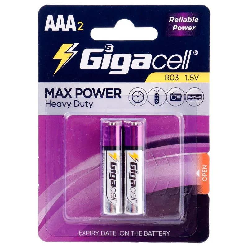 بسته 12 عددی باتری دوتایی نیم قلمی گیگاسل Max Power Heavy Duty R03