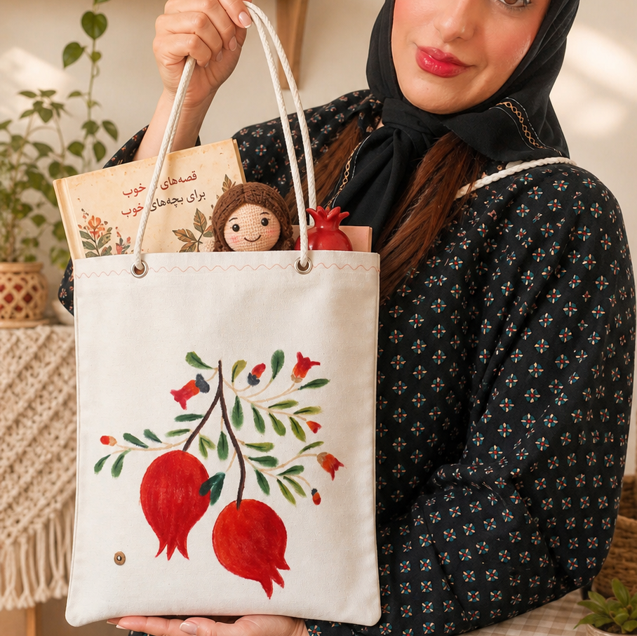 توت بگ پارچه ای انار یلدا دست دوز و نقاشی دست زنانه ساک کیف
