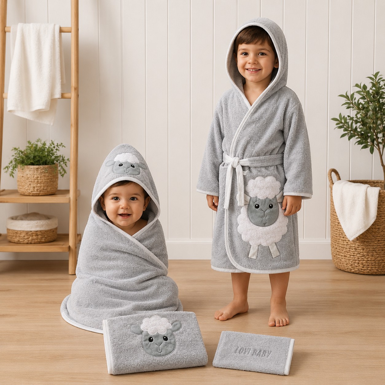 ست سیسمونی نوزادی پسرانه 4 تیکه طرح ببعی رنگ توسی با جعبه مارک lovi baby