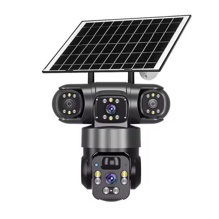 دوربین مداربسته تحت شبکه فضای باز خورشیدی سه لنز با اتصال 4G، چرخش 360 درجه، دید در شب رنگی، تشخیص حرکت، مکالمه دوطرف...