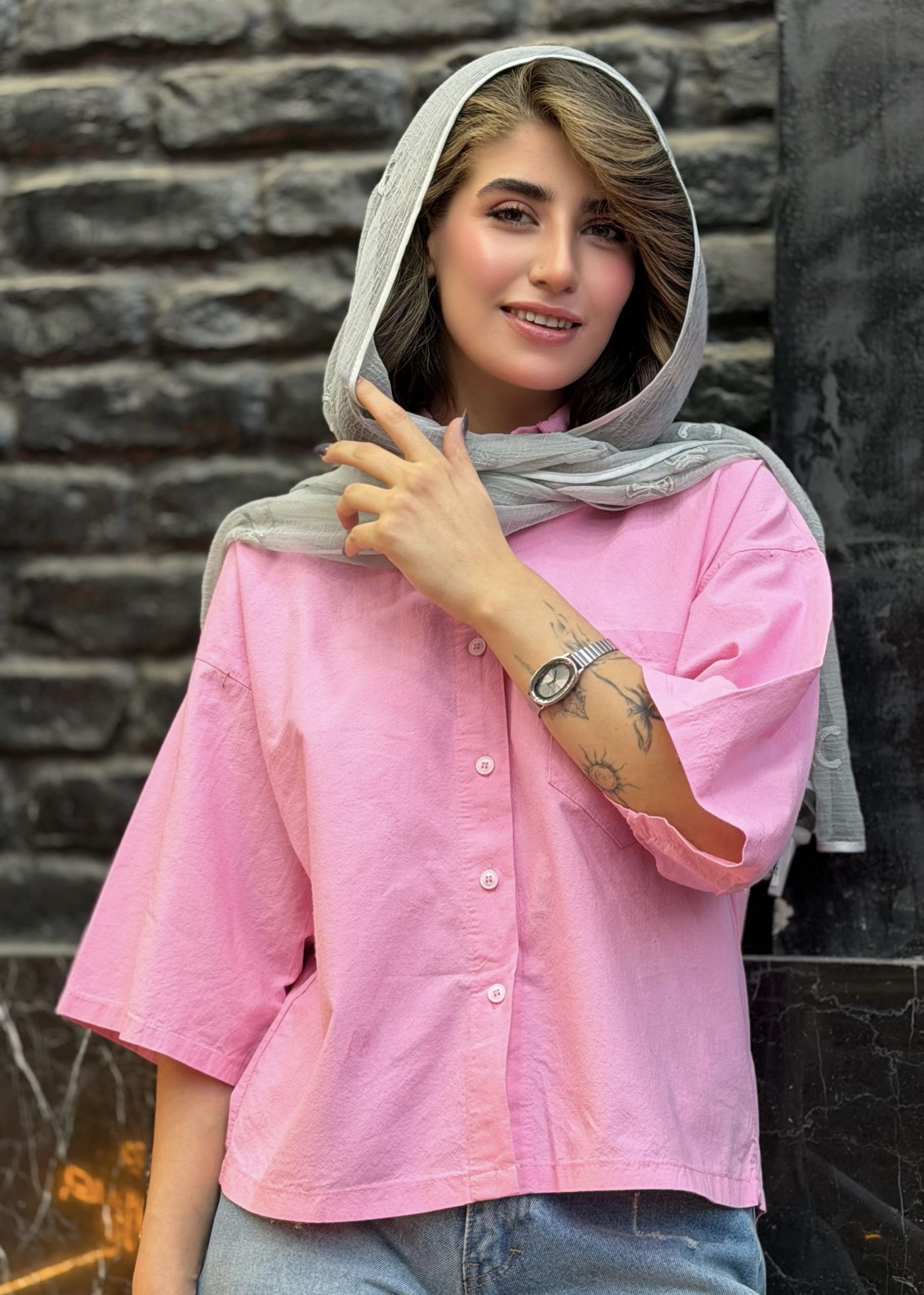 شومیز لنین آستین کوتاه تک جیب صورتی