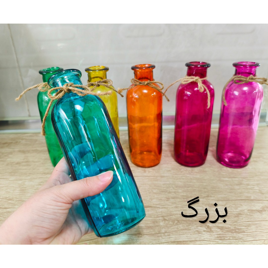 گلدان شیشه ای رنگی ساحل. بطری ویال شیشه ای رنگی ست 6 عددی، گلدان شیشه ای دهنه گشاد رنگی خاص (300 سی سی )