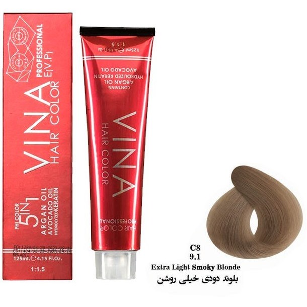 رنگ مو وینا شماره C8 - 9.1 حجم 125 رنگ بلوند دودی خیلی روشن Vina