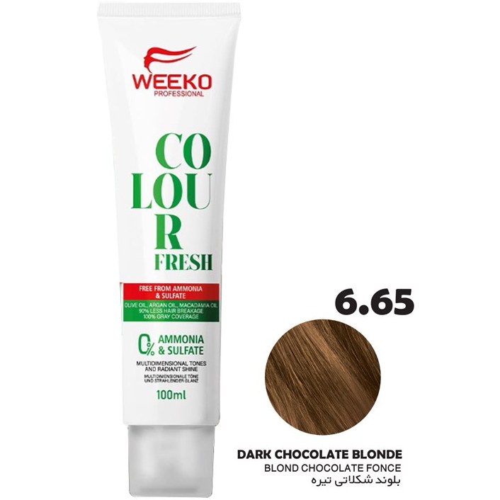 رنگ مو فاقد آمونیاک ویکو WEEKO شماره 6.65 رنگ بلوند شکلاتی تیره حجم 100 میل