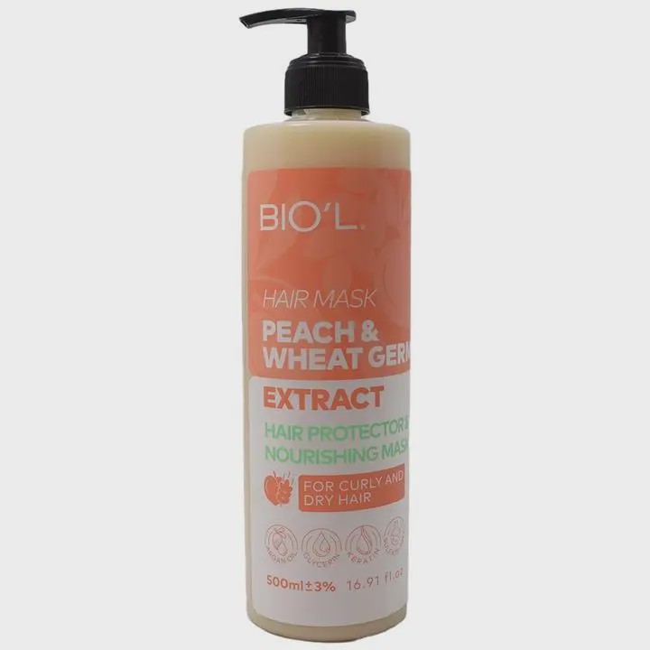 ماسک مو هلو و جوانه گندم بیول مناسب موهای خشک و فر 500 میلی لیتر Biol Peach And Wheat Germ For Curly And Dry Hair Mas...