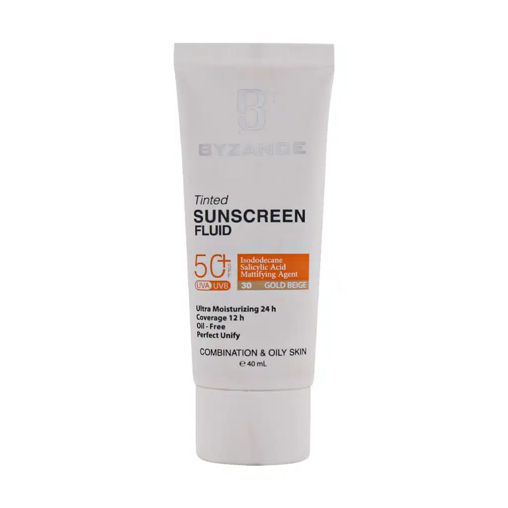 فلوئید ضد آفتاب کرم پودری +SPF50 بیزانس مناسب پوست مختلط و چرب 40 میلی لیتر