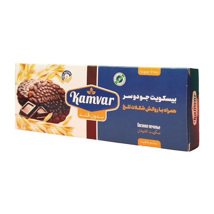 بیسکویت جو دوسر با روکش شکلات تلخ کامور 100 گرم