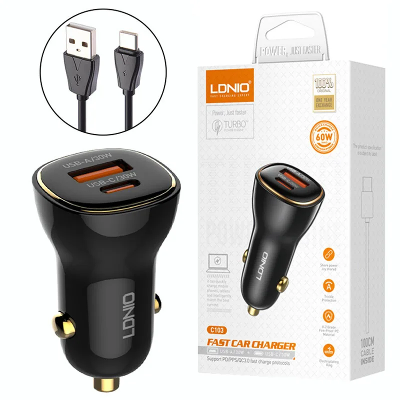شارژر فندکی 30 وات الدینیو C103 + کابل تایپ سی