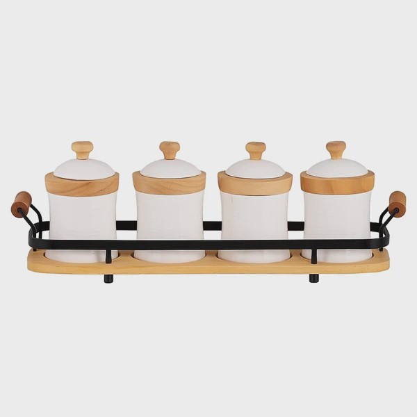 ست جا ادویه 5 پارچه ریور کد DH4913 جا ادویه چینی بن چاینا با پایه چوبی