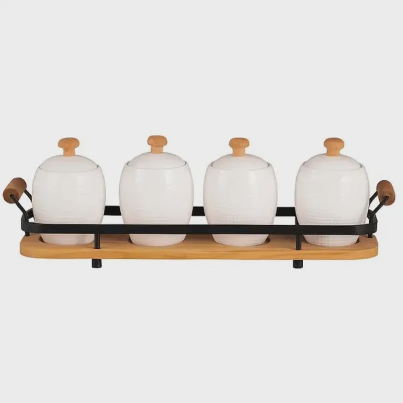 ست جا ادویه 5 پارچه ریور کد DH4910 جا ادویه چینی بن چاینا با پایه چوبی