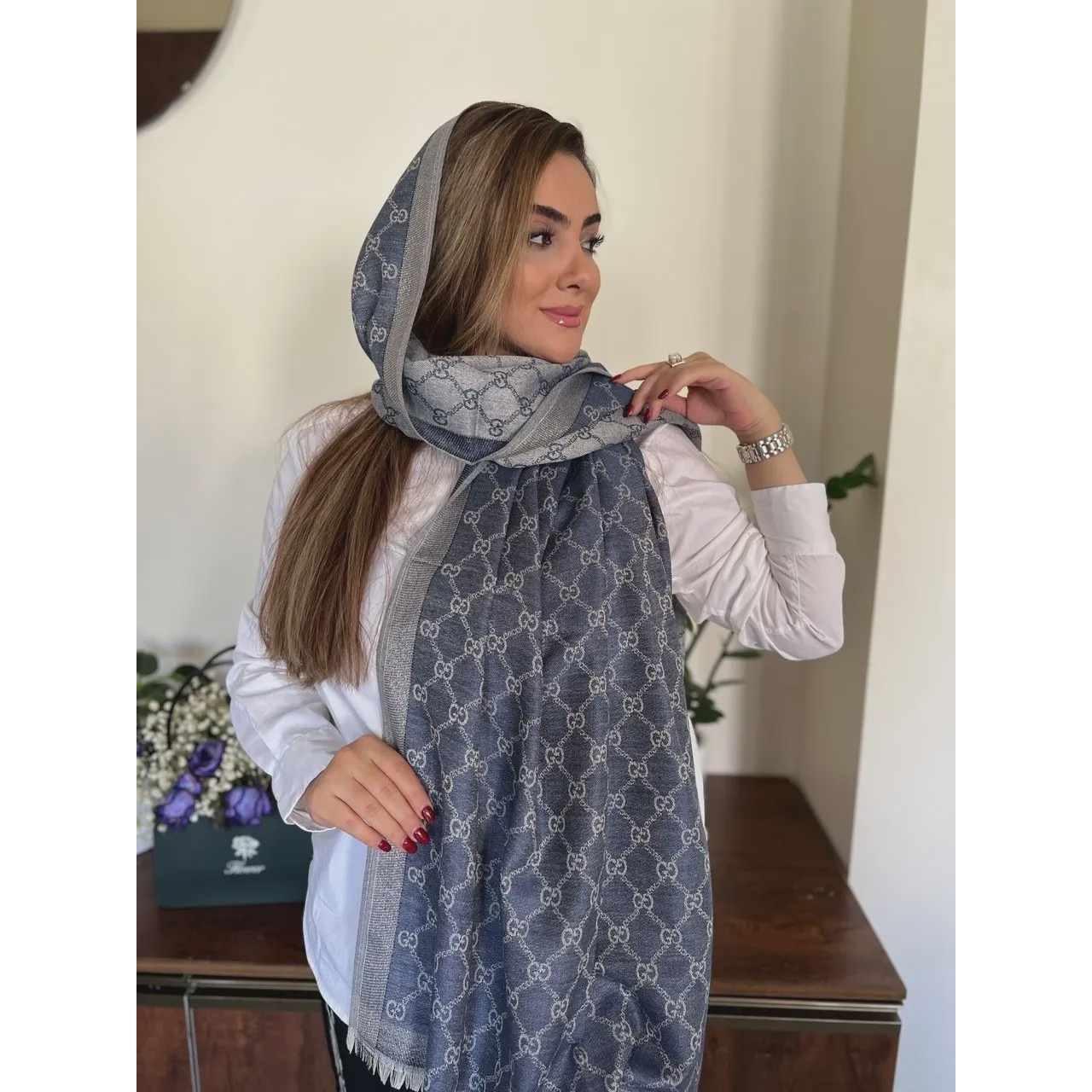 شال کشمیر دور لمه چهارفصل گوچی