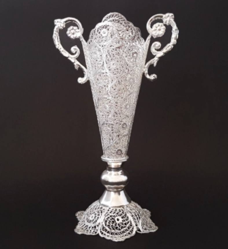 گلدان دسته جامی ملیله کاری با روکش نقره30cm