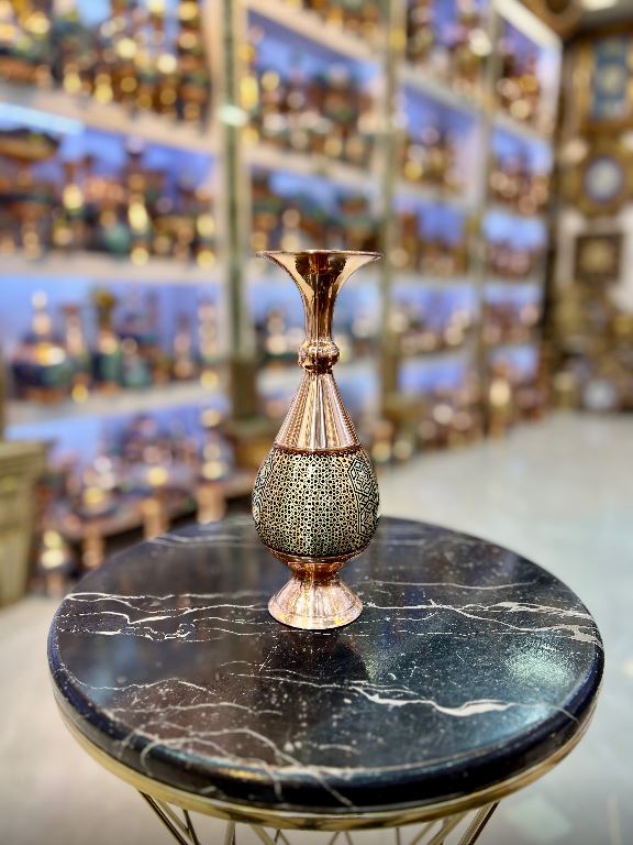 گلدان صراحی 30cm مس و خاتم سیم برنجی