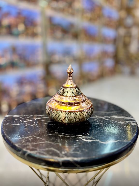 قندان مدل سفینه کوچک مس و خاتم سیم برنجی
