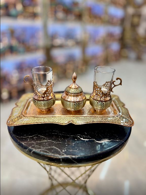 ست چایخوری دو نفره مس و خاتم سیم برنجی