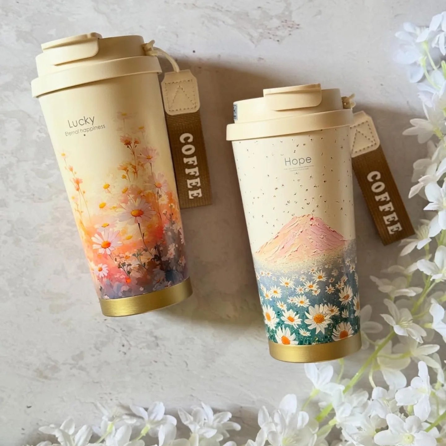 تراول ماگ 2 لبه طرح گل بابونه استیل 316L حجم 520 میل