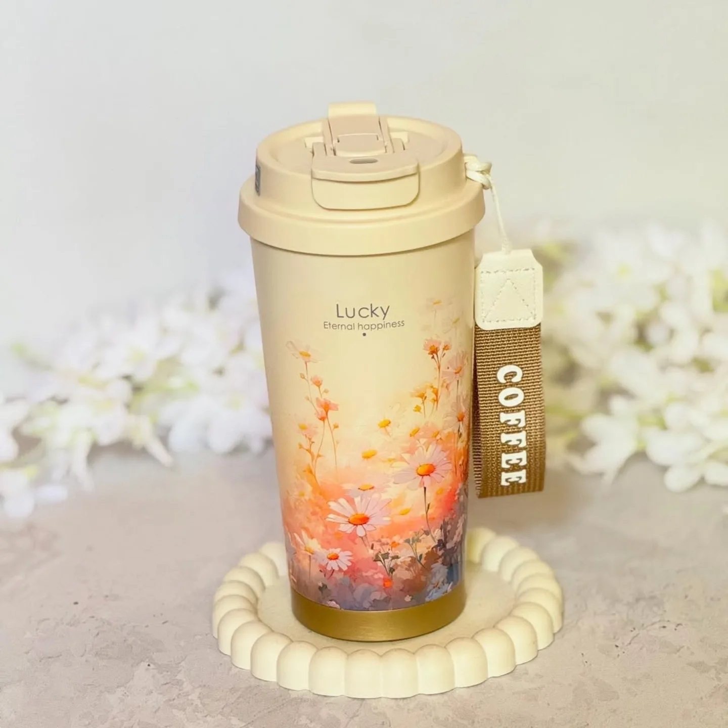 تراول ماگ 2 لبه طرح گل بابونه استیل 316L حجم 520 میل