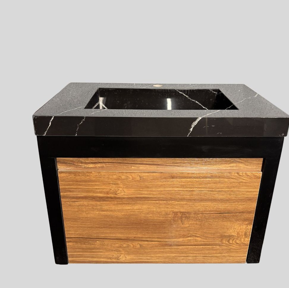کابینت روشویی مدل C601 مشکی چوبی با صفحه پرسلان طرح سنگ