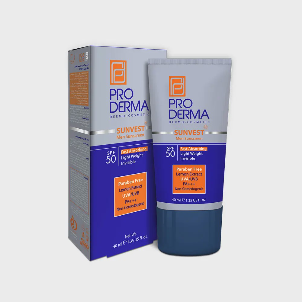 کرم ضدآفتاب پرودرما مخصوص آقایان با SPF50 فاقد رنگ Sunvest Sunscreen SPF50 Oil Free Pro Derma