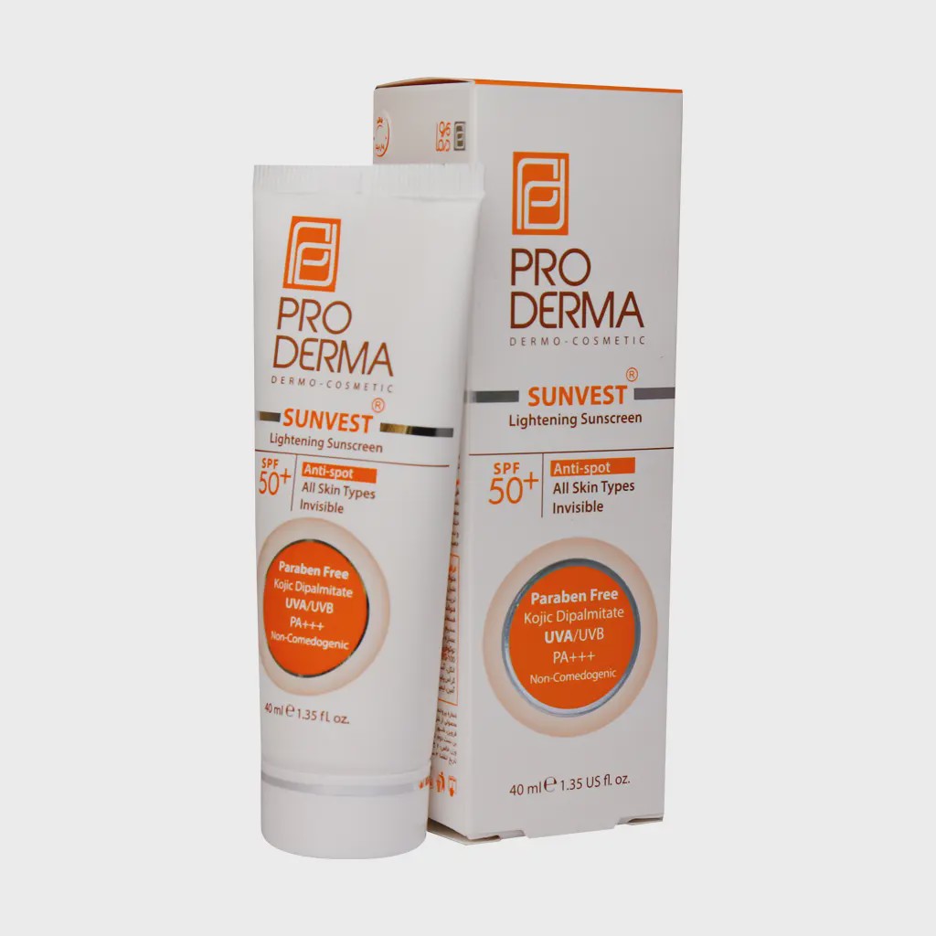 کرم ضد آفتاب و روشن کننده لک های پوست پرودرما با SPF50 بدون رنگ Sunvest Lightening Sunscreen Cream SPF50 Pro Derma