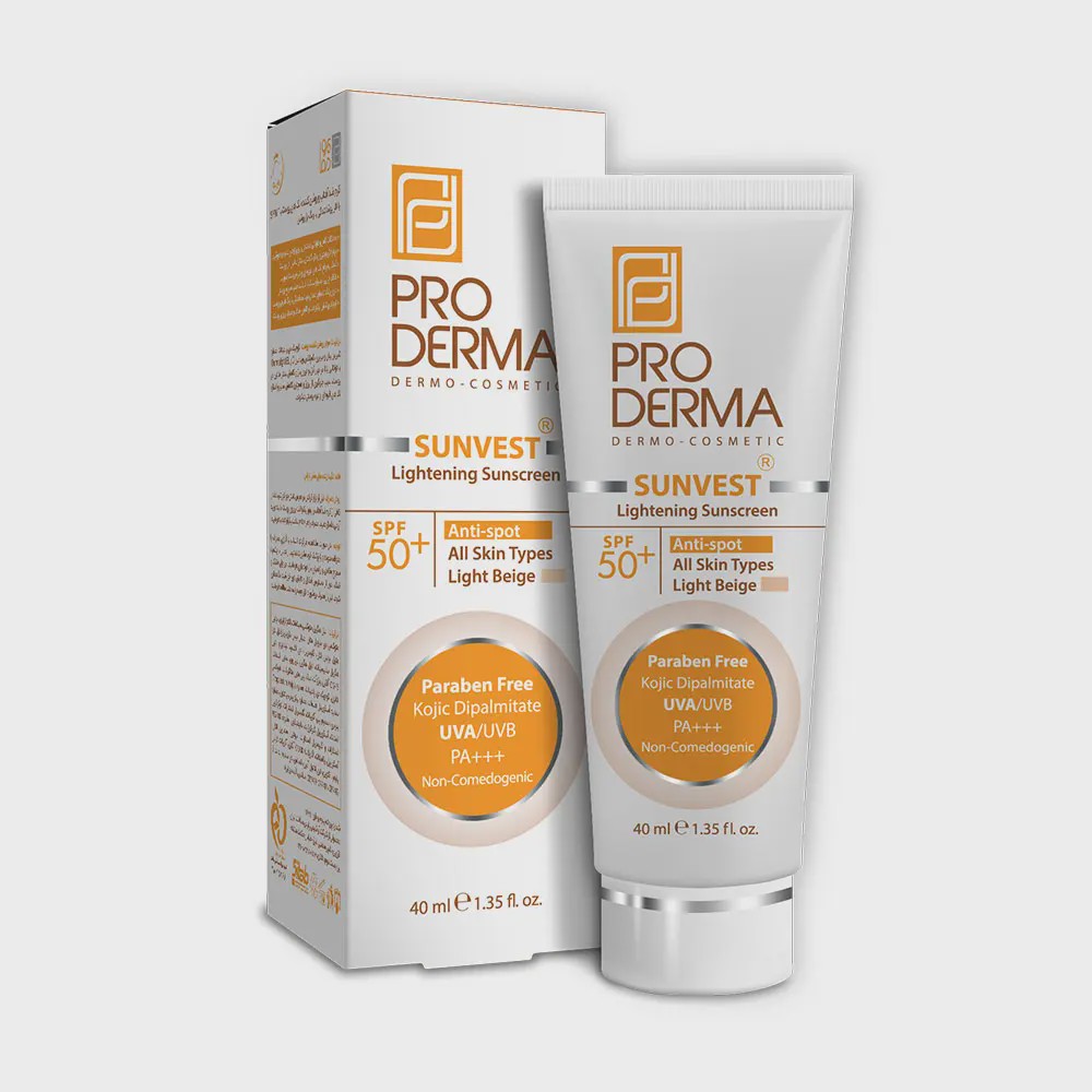 کرم ضد آفتاب و روشن کننده لک های پوست پرودرما با SPF50 بژ روشن Sunvest Lightening Sunscreen Cream SPF50 Pro Derma