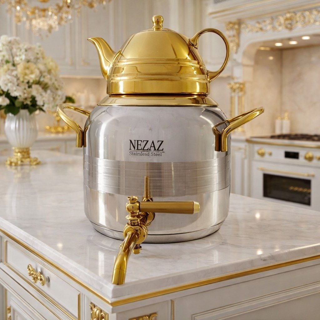 کتری قوری نزاز NEZAZ ترک 4.5 لیتری ورق یک میل دسته طلایی کف چدن کد 3017