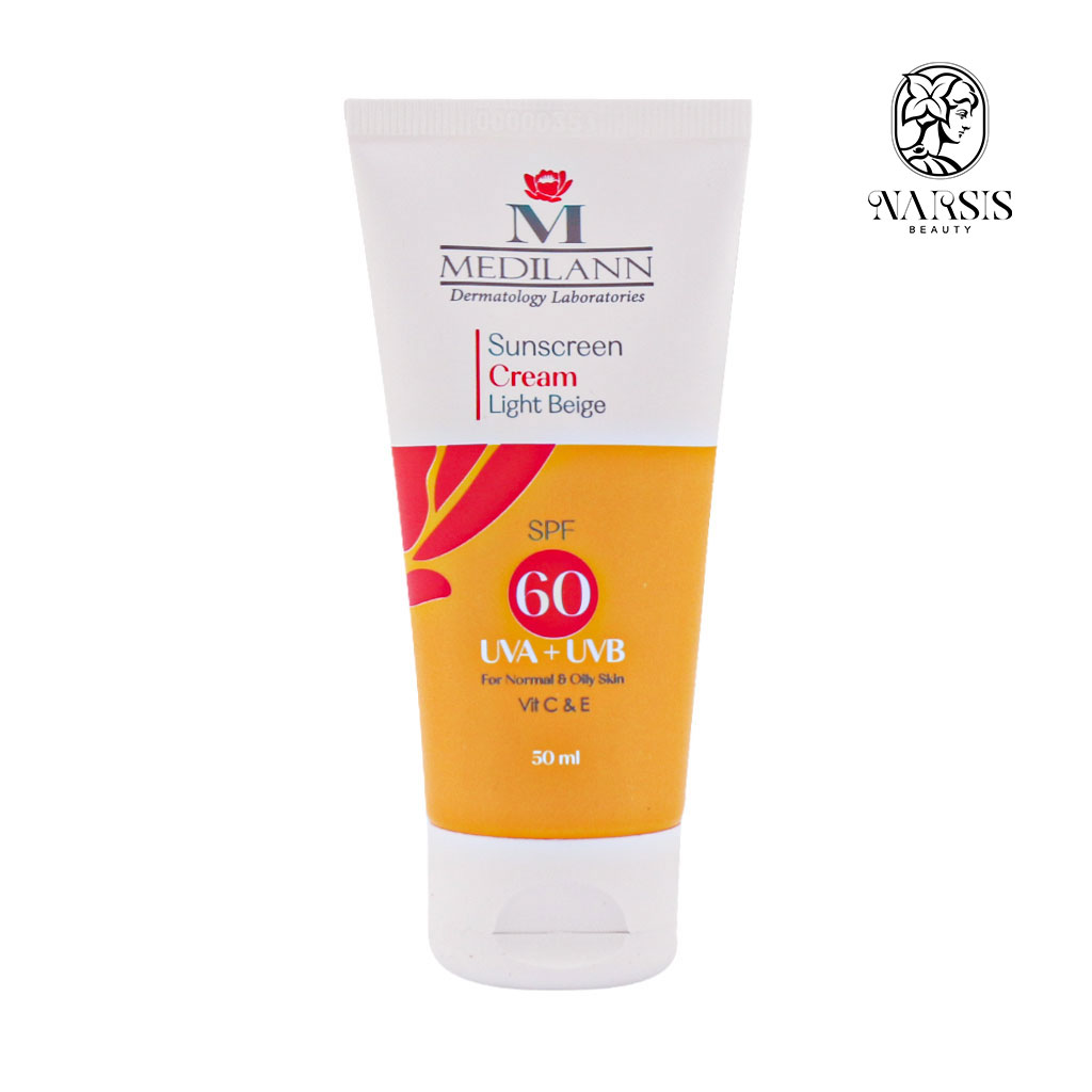 کرم ضد آفتاب رنگی SPF60 مدیلن مناسب پوست های چرب و معمولی 50 میلی لیتر نارسیس بیوتی