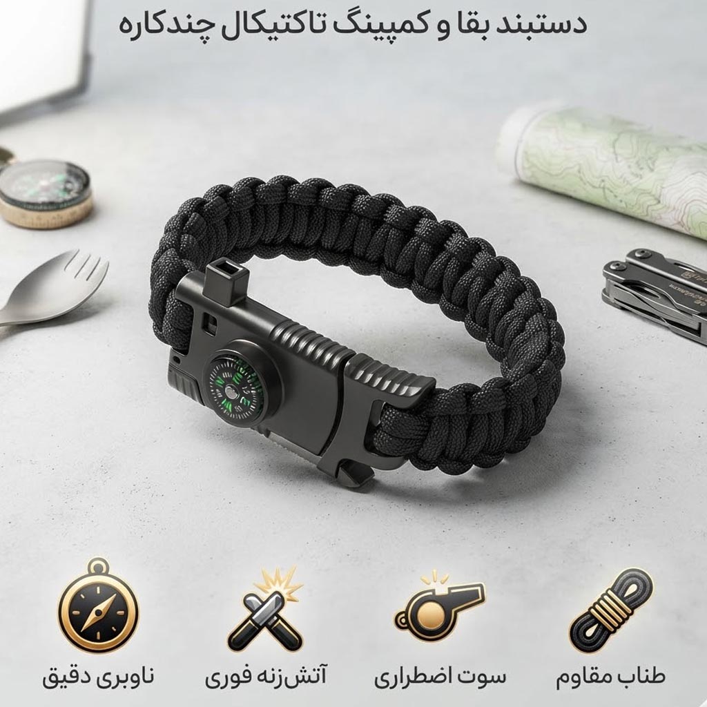 دستبند پاراکورد چاقو دار مشکی باسلام