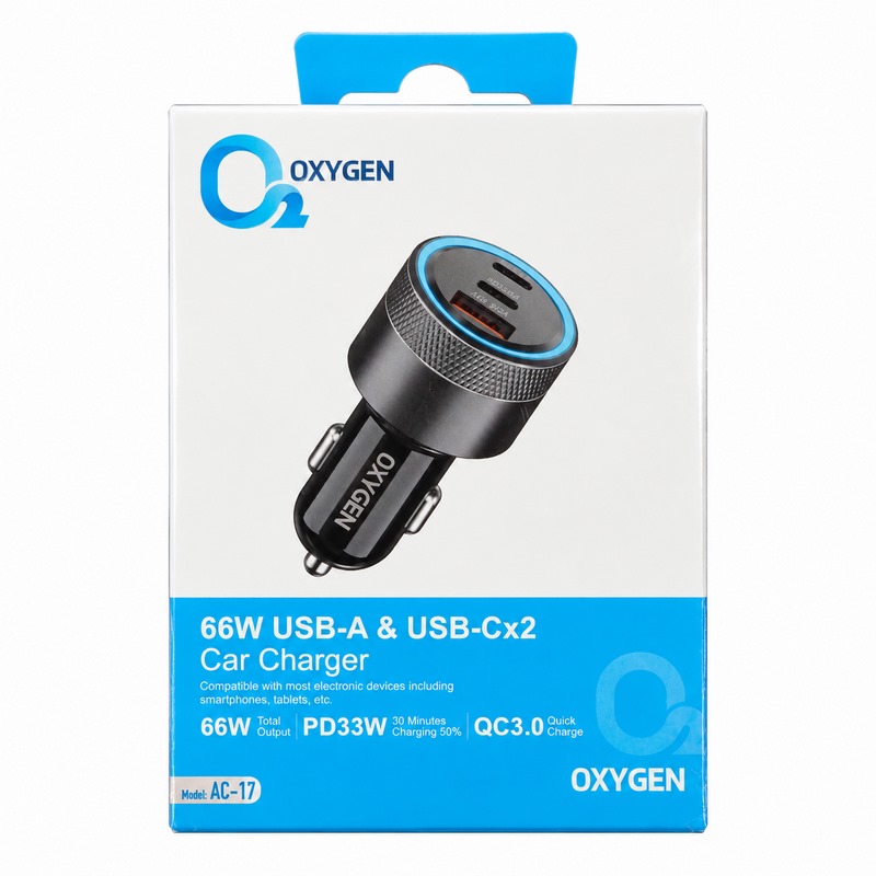 شارژر فندکی اکسیژن AC-17 مدل 33 وات سه پورت USB و Type-C کد 140602