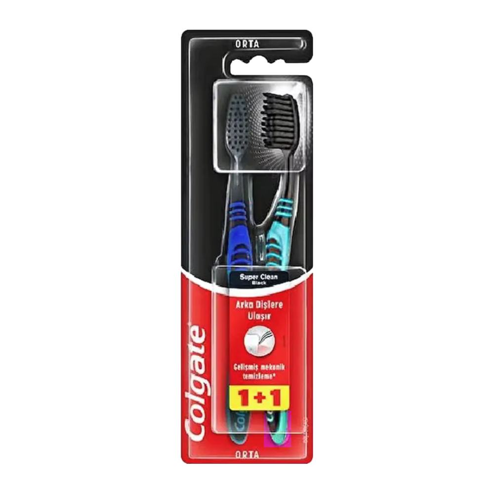 مسواک مدیوم کولگیت Colgate مدل Super Clean Black برس متوسط بسته 2 عددی مدل 1