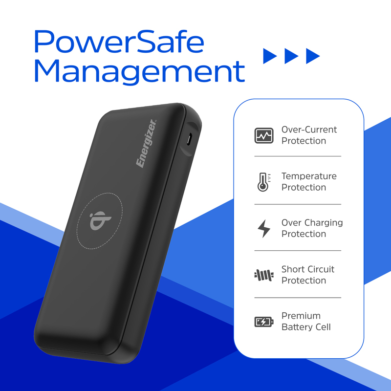 پاور بانک بی سیم انرجایزر PowerSafe 20W PD مدل QE20008PQ ظرفیت 20000 میلی آمپر سه پورت به همراه کابل USB-C