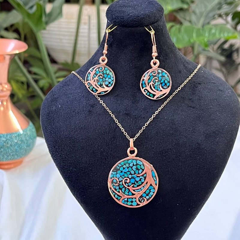 نیم ست زیورآلات مسی فیروزه کوبی مدل زندگی