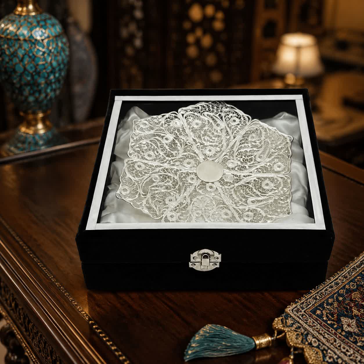 شیرینی خوری ملیله کاری شش ضلعی به همراه جعبه مخمل