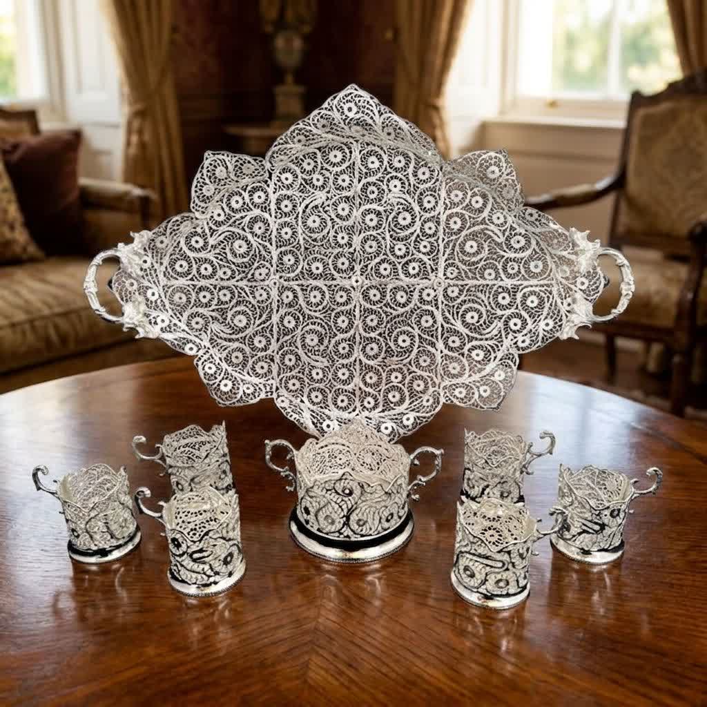 سرویس پذیرایی نفیس ملیله کاری (سینی بزرگ، قندان و چایخوری)