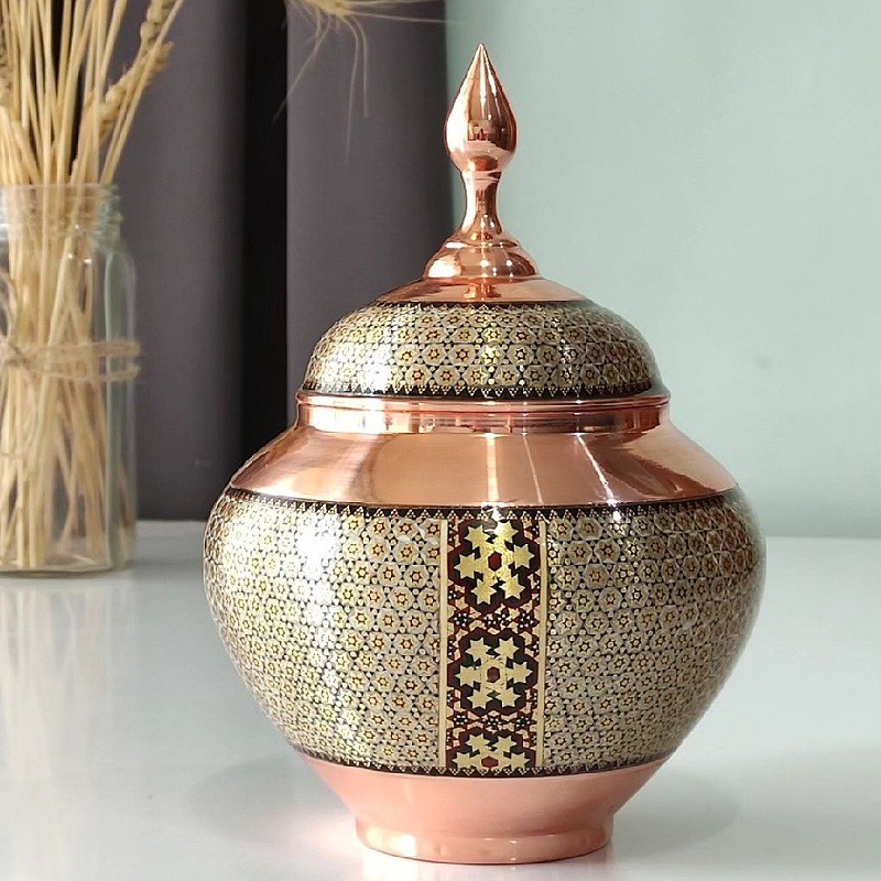 قندان سیبی مس و خاتم کاری شالدار بزرگ