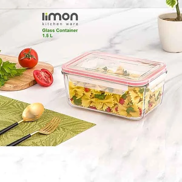ظرف شیشه ای لیمون LIMON مستطیل درب دار 1/5 لیتر (الوان) کد 202935