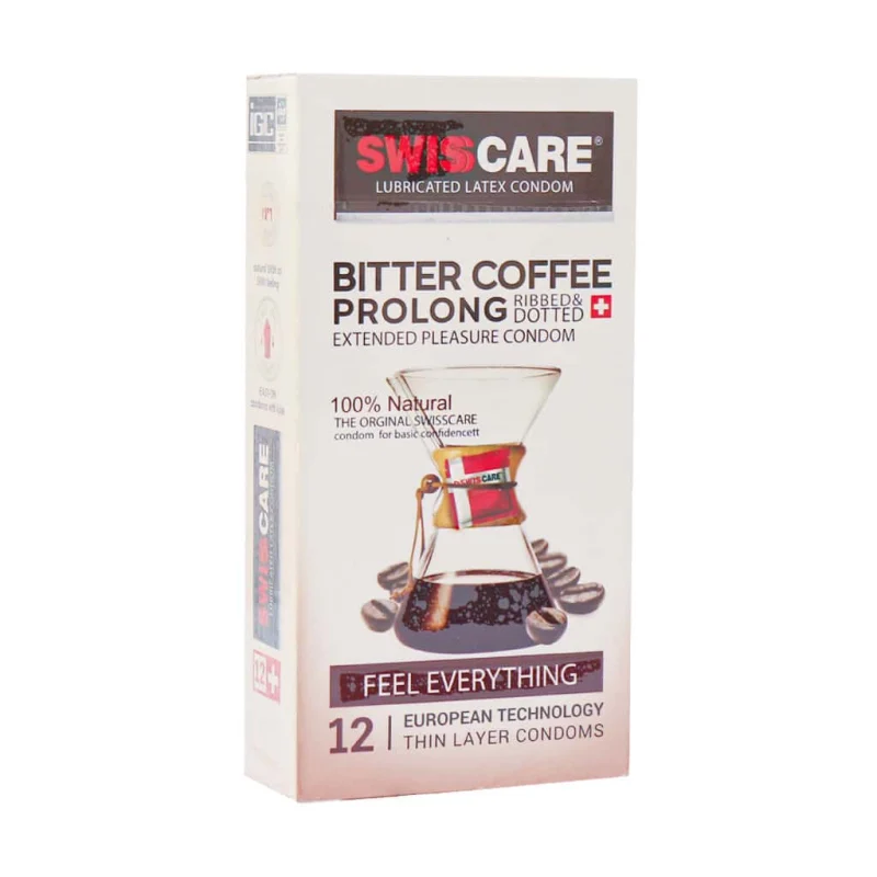 کاندوم تاخیری و خاردار قهوه تلخ سوئیس کر مدل Bitter Coffee Prolong بسته 12 عددی