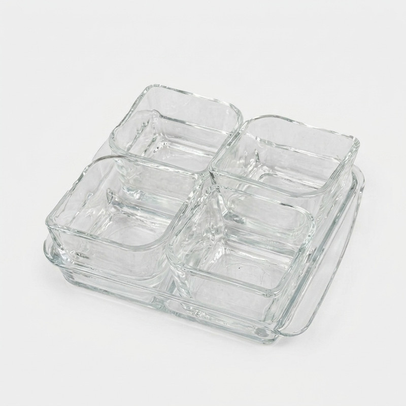 ست اردوخوری بلور کاوه مدل باروک مجموعه 5 عددی کریستال بلور مربع با سینی، ابعاد 14×14×5 سانتیمتر، مناسب سرو عسل و پنیر